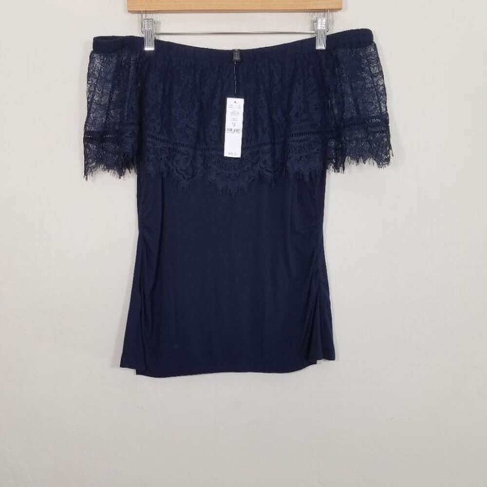 NWT White House Black Market Off The Shoulde with Lace Officer Blue Top Blouse M